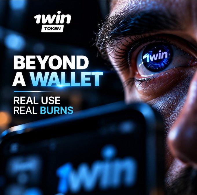 A promotional advertisement for 1win Token featuring an eye with '1win' logo reflected in the pupil, with text reading 'BEYOND A WALLET, REAL USE REAL BURNS.'