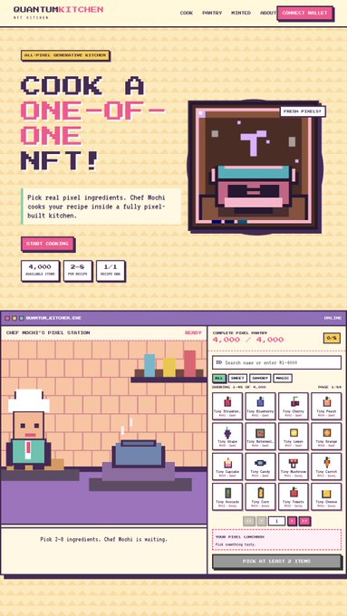 Screenshot of a webpage for 'QUANTUM KITCHEN' with the headline 'COOK A ONE-OF-ONE NFT!', featuring pixel art graphics of a kitchen and a character named Chef Mohi waiting for ingredients.