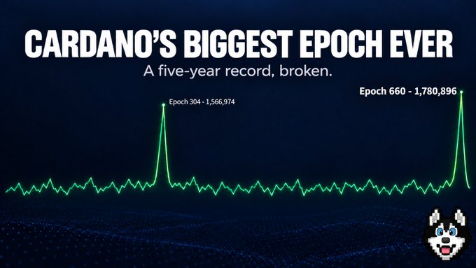The image displays a line graph titled "CARDANO'S BIGGEST EPOCH EVER" with the subtitle "A five-year record, broken," highlighting two peaks: Epoch 304 with 1,566,974 transactions and the new record-breaking Epoch 660 at 1,780,896 transactions. The visualization supports the post's claim of a historic transaction milestone on Cardano, attributed to the Hosky token giveaway.