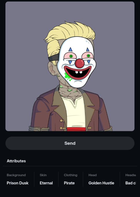 An NFT profile interface showing a cartoon character with blonde hair wearing a creepy clown mask, with attributes listed including Background: Prison Dusk, Skin: Eternal, Clothing: Pirate, and Head: Golden Hustle.