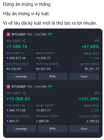 The image displays a trading app screenshot showing two active leveraged long positions: BTCUSDT Perp with a PNL of +7,088.74 USDT and ROI of +47.48%, and ETHUSDT Perp with a PNL of +15,068.42 USDT and ROI of +101.49%. Above the screenshot, Vietnamese text reads "Đừng ăn mừng vì thắng. Hãy ăn mừng vì kỷ luật. Vì về lâu dài, kỷ luật mới là thứ tạo ra lợi nhuận," which translates to "Don't celebrate winning. Celebrate discipline, because in the long run, discipline is what creates profits"—reinforcing the post's message about valuing trading discipline over raw profit.