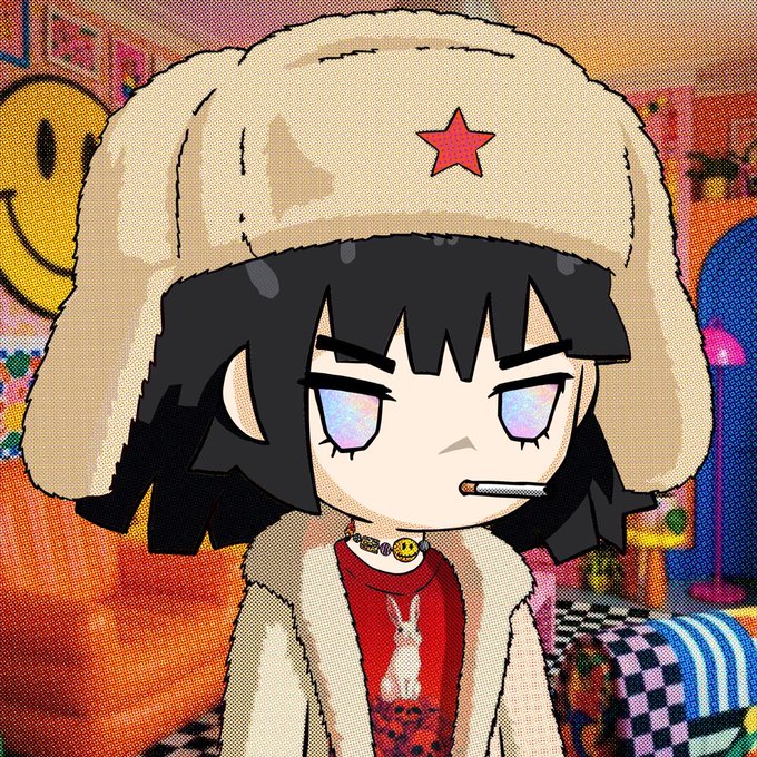 An animated illustration of an anime-style character with black hair wearing a beige ushanka hat with a red star, a fur-lined coat, and a choker, smoking a cigarette with a disinterested expression.