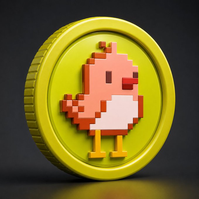 A yellow coin displaying a pixel art design of a brown chick wearing white pants, rendered in 3D with realistic lighting.