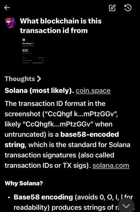 A screenshot of an AI response identifying a blockchain transaction ID as belonging to Solana, displaying a transaction signature starting with "CcQhgfk...mPtzGGv" from coin.space showing an Elon Musk-related token with a $25 amount. The post references this analysis to claim that @XMoney is built on Solana ($SOL).