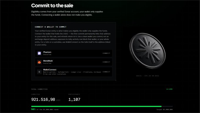 A webpage titled 'Commit to the sale' showing USDC wallet connection options (Phantom, MetaMask, WalletConnect) with 921,516.98 USDC committed by 1,107 participants toward a $1,000,000 target.