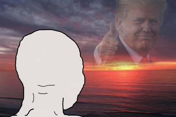 A blank-faced "Wojak" cartoon figure looks longingly out at a sunset over the ocean, where the smiling face of Donald Trump gives an approving thumbs-up. The image humorously illustrates a hopeful investor's plea for one more bull market rally, with Trump seemingly granting approval from above.