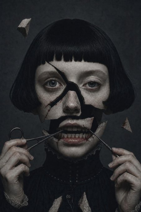 A dark, surreal portrait of a pale woman with a black bob haircut whose face is cracking apart like porcelain, revealing her teeth as she holds a thin metal wire that she uses to pull her mouth open.