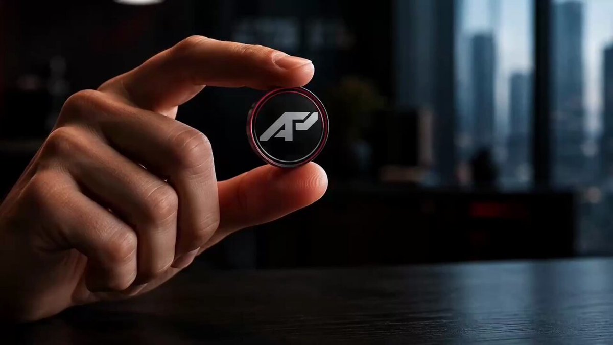 The image shows a person's hand holding up a small red and black coin with an Apyx logo on it, which appears to be a reminder for users of the cryptocurrency exchange Apyx to start planning their rollover strategy within three weeks. The background features a blurred cityscape, indicating that the photo was taken in an urban setting.
