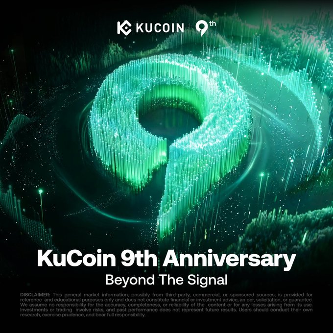 The image is a promotional graphic for "KuCoin 9th Anniversary" with the tagline "Beyond The Signal," featuring a large glowing green digital "9" rendered in a 3D particle/wave style against a dark background, with the KuCoin logo at the top. The visual's futuristic, data-driven aesthetic complements the post's theme of moving past raw market signals to embrace a broader convergence of community, technology, and rhythm.