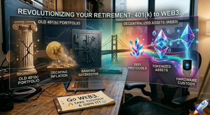 A graphic comparing an "Old 401(k) Portfolio" represented by a cracked column, gold coin, and bank vault labeled with "Decaying Inflation" and "Banking Gatekeeper," alongside "Decentralized Assets (Web3)" featuring Ethereum and blockchain imagery for "DeFi Protocols," "Tokenized Assets," and "Hardware Custody." The image visually reinforces the post's argument against traditional retirement accounts by contrasting crumbling legacy finance icons with vibrant, futuristic Web3 symbols of ownership and self-custody.