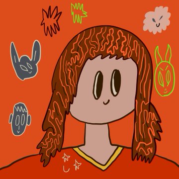 A smiling cartoon figure with textured brown hair stands against a bright orange background, surrounded by small whimsical doodles of faces and shapes, including a green outlined bunny-like figure and stars on their collar, visually reflecting the abstract, expressive style of the "Loss of Language" artwork being minted on SuperRare.