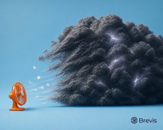 A digital illustration showing a small orange fan blowing papers toward a massive dark storm cloud with lightning bolts against a light blue background, watermarked with 'Brevis' in the corner.