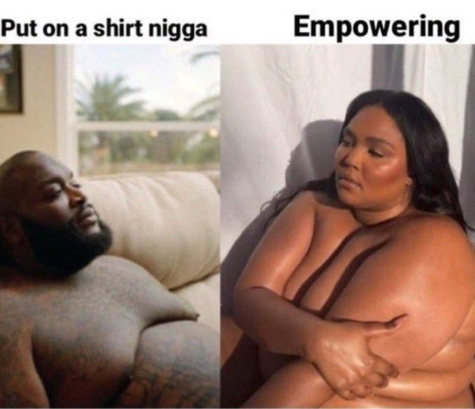 A side-by-side meme comparing two figures: on the left, a shirtless man lounging on a couch labeled "Put on a shirt nigga," and on the right, a reclining woman labeled "Empowering," illustrating how the same situation can be perceived differently depending on perspective—much like how one crypto holder's modest position may seem unimpressive while another's similar stake is praised as "smart money."