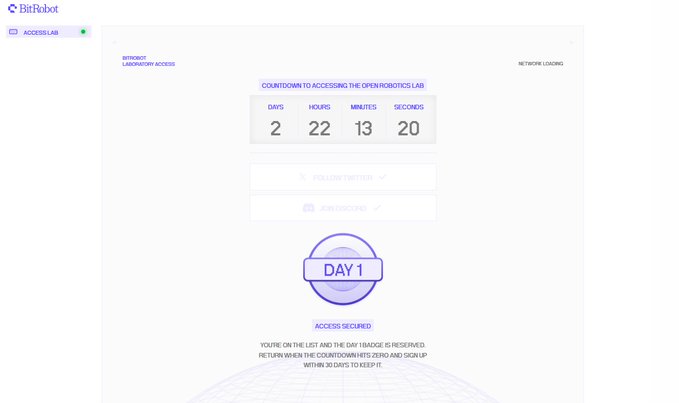 A countdown timer web interface for 'BitRobot ACCESSLAB', showing '2 DAYS, 22 HOURS, 13 MINUTES, 20 SECONDS' remaining and a 'DAY 1' access secured stamp.