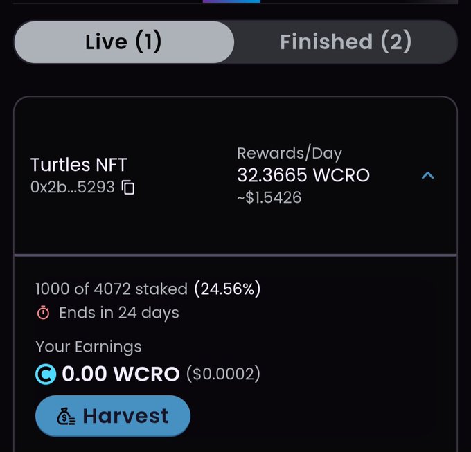 A mobile interface showing a 'Turtles NFT' staking pool with 32.3665 WCRO Rewards/Day, 1000 of 4072 staked, and a Harvest button.