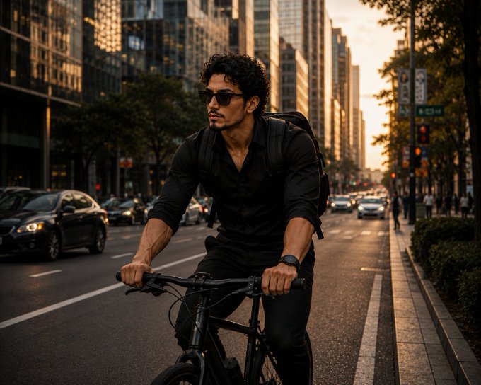 The image shows a man riding a bicycle down a city street, wearing sunglasses and a backpack. He appears to be moving at his own pace, undistracted by the surrounding traffic or pedestrians. The scene captures the essence of urban life, with cars driving on both sides of the road and people walking along the sidewalks. The post about the busy world around him emphasizes the importance of staying focused and maintaining control in such a fast-paced environment.