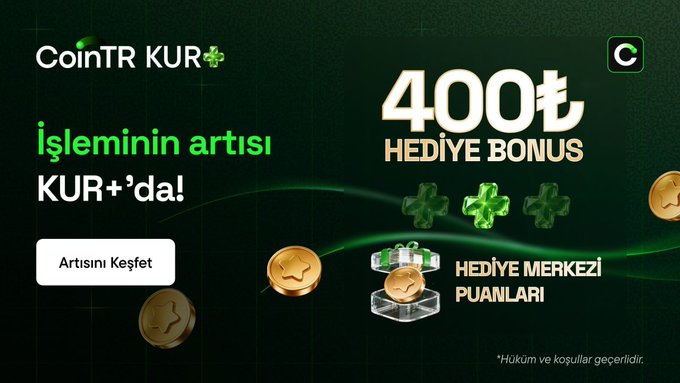 A CoinTR KUR+ advertisement in Turkish promoting a 400₺ gift bonus ('HEDİYE BONUS') on crypto transactions, with a 'Discover the Increase' button.