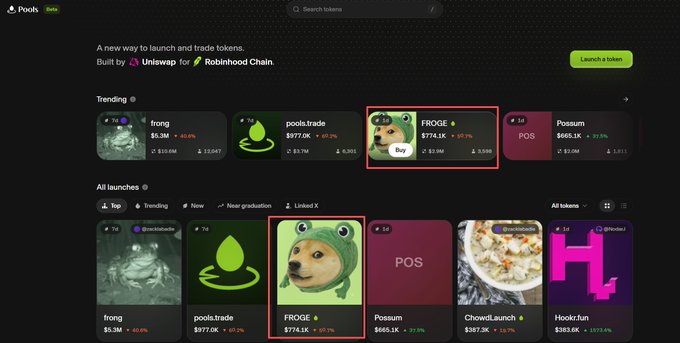 The image shows the Pools.trade platform built by Uniswap for Robinhood Chain, displaying trending tokens including FROGE at $774.1K (highlighted with a "Buy" button), pools.trade at $977.0K, frong at $6.3M, Possum at $695.1K, ChowLaunch at $587.3K, and Hookz.fun at $383.8K. The screenshot visually confirms the post's claim about platform-related issues with $FROGE, as the token appears prominently featured in both the trending section and all launches area despite the user's notes about website-related FUD and negative sentiment surrounding the project.