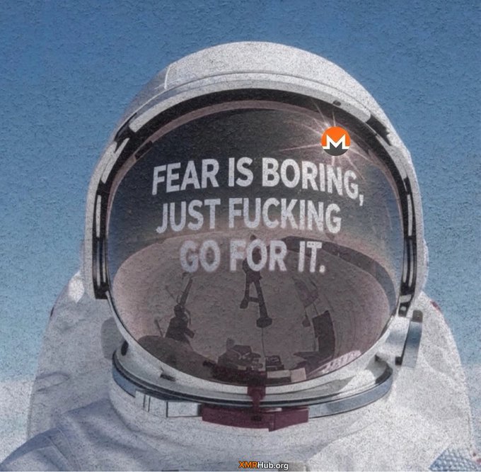 An astronaut helmet reflecting a Mars landscape with text overlaid reading 'FEAR IS BORING, JUST FUCKING GO FOR IT.' along with a Monero (XMR) logo and XMRHub.org watermark.