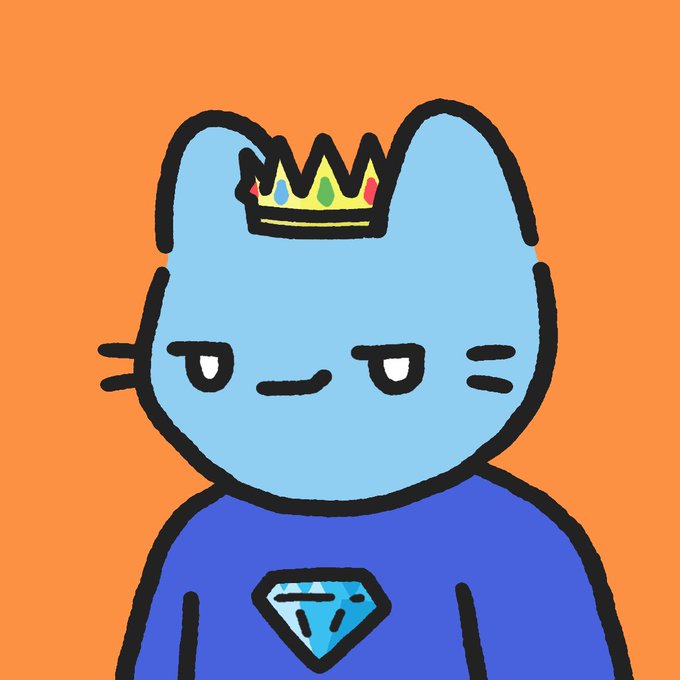 A cartoon illustration of a light blue cat character with a half-lidded expression, wearing a gold crown and a blue shirt featuring a diamond emblem, set against an orange background.