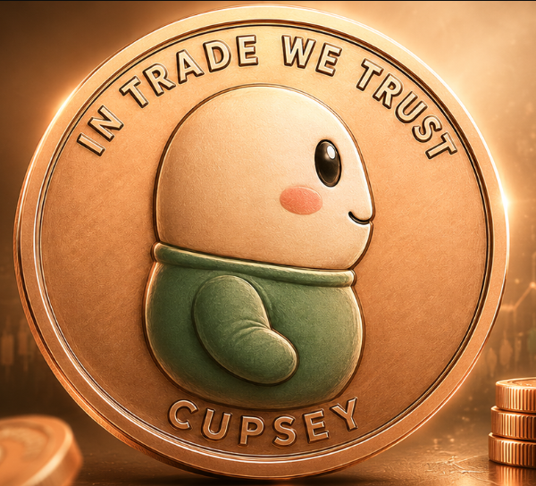 A copper-colored coin featuring a cute character mascot with the inscriptions 'IN TRADE WE TRUST' and 'CUPSEY'.