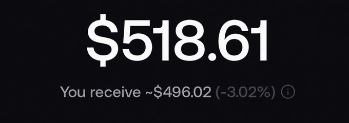 A financial screen displays a large white text of '$518.61' on a black background, with smaller text below reading 'You receive ~$496.02 (-3.02%)'.