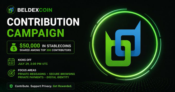 A promotional graphic for the 'BELDEX COIN CONTRIBUTION CAMPAIGN' offering '$50,000 IN STABLECOINS SHARED AMONG TOP 300 CONTRIBUTORS', with the campaign kicking off on 'JULY 29, 2:00 PM UTC'.