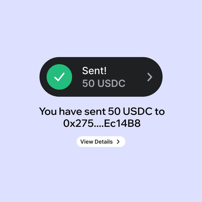 A confirmation screen showing a successful transfer of 50 USDC to the wallet address 0x275....Ec14B8, with a "View Details" button. The image illustrates the ease of sending crypto transactions, aligning with the post's theme of using a new address book feature for seamless transactions.