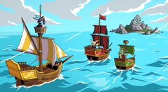 A low-poly, stylized 3D rendering of three small ships with sails navigating a bright blue ocean under a clear sky.