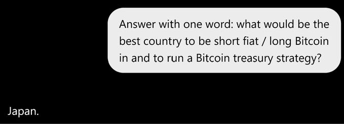 A black-background image showing a question bubble that reads "Answer with one word: what would be the best country to be short fiat / long Bitcoin in and to run a Bitcoin treasury strategy?" with the one-word answer "Japan." in the corner.
