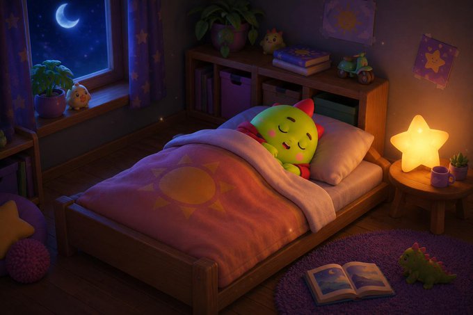 A small green dragon-like creature with horns sleeps peacefully in a cozy, dimly-lit bedroom beneath a star-shaped nightlight and crescent moon, embodying the gamified, wellness-focused sleep concept introduced by Sleepagotchi. The scene captures the essence of turning healthy sleep habits into an engaging, character-driven ritual rather than just a nightly rest.