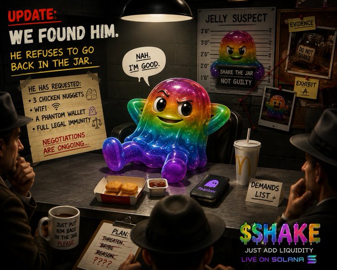 A meme-style promotional image for a Solana-based crypto project called '$SHAKE' featuring a rainbow jelly character at an interrogation table, with text including 'UPDATE: WE FOUND HIM. HE REFUSES TO GO BACK IN THE JAR,' 'JELLY SUSPECT,' and '$SHAKE - JUST ADD LIQUIDITY - LIVE ON SOLANA.'