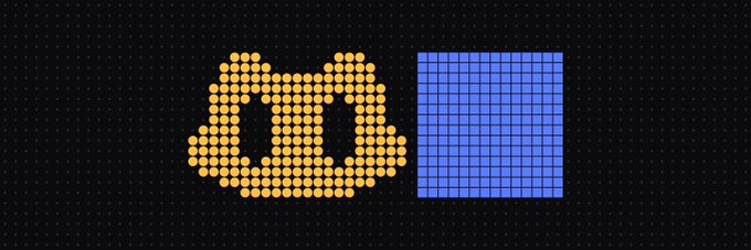 A graphic displaying a logo composed of an orange/yellow hexagonal chain design on the left and a blue grid square on the right, against a black background.