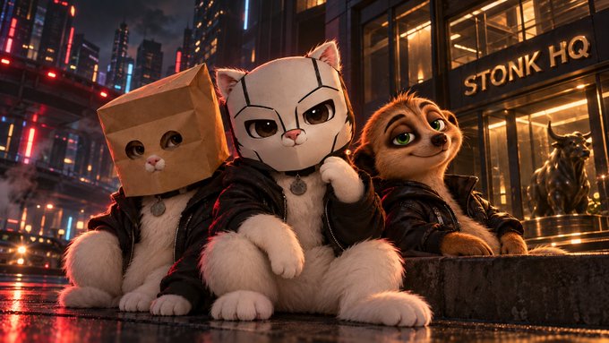 A digital illustration depicts three anthropomorphic animals—a cat with a box on its head, a white cat in a hoodie, and a brown animal in a leather jacket—posing in a neon-lit cyberpunk city street with a 'STONK HQ' sign.