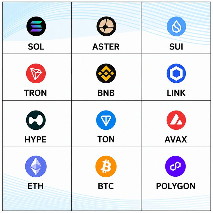 The image features a grid of twelve different logos for various cryptocurrency exchanges, including Bitcoin, Etherium, Bitcoin Cash, Ripple, TON, Avalanche, Polygon, Btc, BtcXRP, BtcTeo, and BtcTether. The logos are arranged in four rows and three columns on a white background.