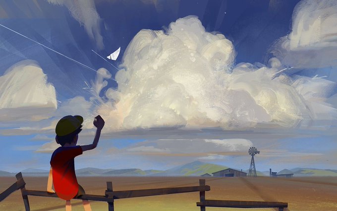A digital painting of a person in a red dress and green cap waving at an airplane in the sky above a vast landscape with a windmill and farmhouse.