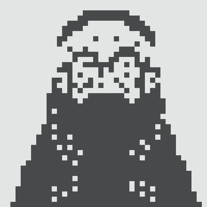 A black and white pixel art depiction of a hooded figure with a beard, resembling a character from a retro video game, with a snowy or speckled pattern on the robe.