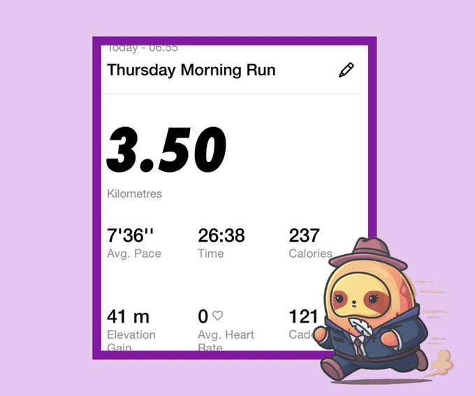 A Strava screenshot showing a 3.50 km Thursday Morning Run in 26:38 with a sloth mascot sticker in the corner.