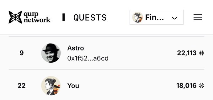 A screenshot of a "QUESTS" leaderboard from Quip Network shows user "Astro" in 9th place with 22,113 points and "You" in 22nd place with 18,016 points.