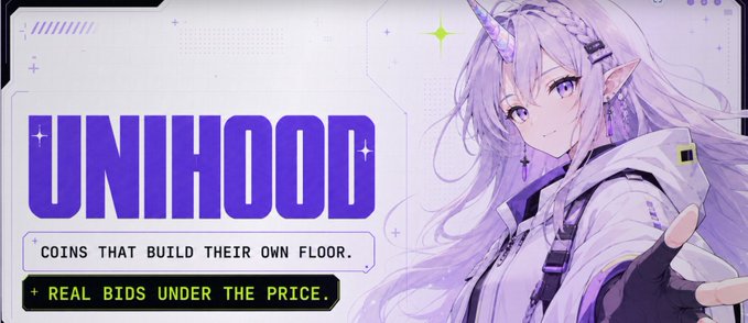A promotional banner features an anime-style character with a unicorn horn and white hair alongside the text "UNIHOOD," "COINS THAT BUILD THEIR OWN FLOOR," and "REAL BIDS UNDER THE PRICE." The purple-themed graphic visually represents the $UNIHOOD token highlighted in the post as a Uniswap v4 hook meme coin poised to launch on the platform's aggregator.