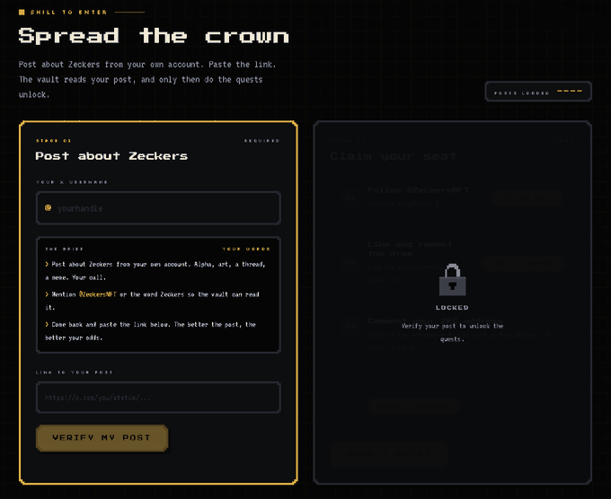 A "Spread the Crown" task page instructs users to post about Zeckers from their account and submit a link to verify, with a locked "Claim your seat" panel on the right awaiting post confirmation. The task screen ties directly to the post's teaser by showing the current preparation step before reopening, with both the challenge criteria and the reward seat still locked behind verification.
