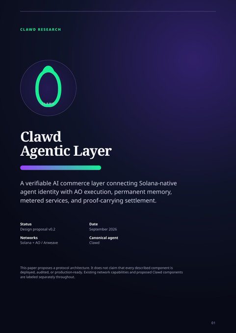 The cover page of 'Clawd Agentic Layer' design proposal v0.2 by Clawd Research, dated September 2026, describing a verifiable AI commerce layer connecting Solana-native agent identity with AO execution.