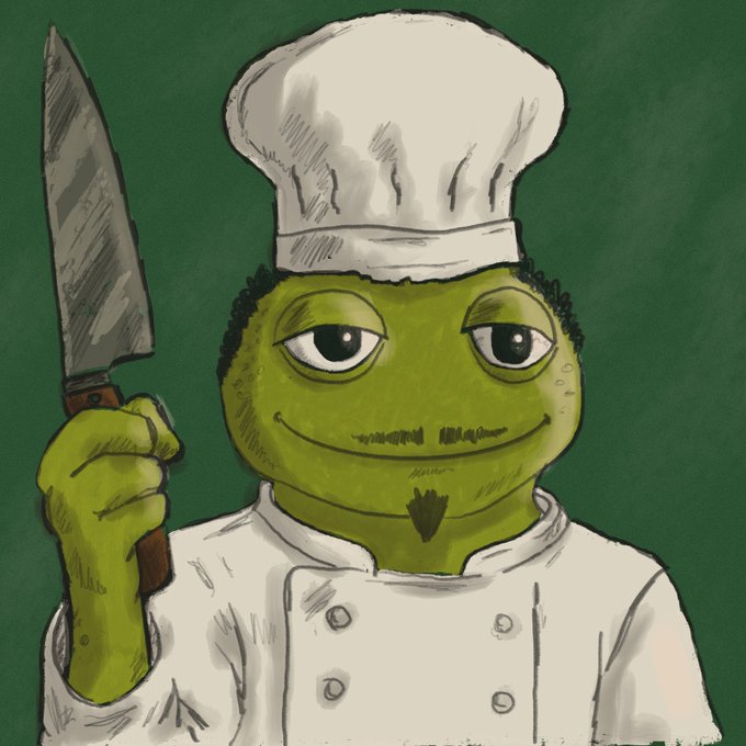 A cartoon drawing of a green frog-like character with a small goatee wearing a white chef's hat and jacket, holding up a large kitchen knife against a dark green background.