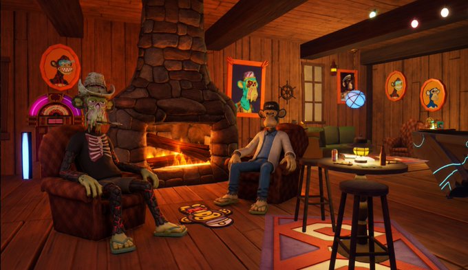 A 3D-rendered scene of a rustic wooden cabin interior with two Bored Ape-style NFT characters sitting in armchairs near a stone fireplace, with monkey portraits on the walls and western-themed decor.