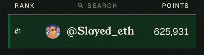 A dark green leaderboard displaying rank #1 for user '@Slayed_eth' with a profile picture, scoring 625,931 points.