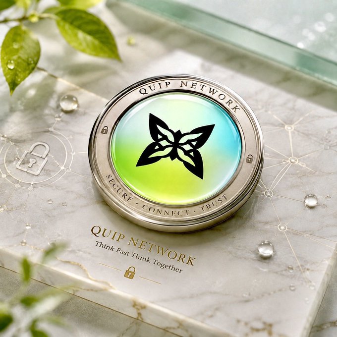 Promotional image for Quip Network showing a circular metallic emblem with the butterfly logo, inscribed with 'QUIP NETWORK', 'SECURE', 'CONNECT', 'TRUST', and the tagline 'Think Fast Think Together' displayed on marble surface with water droplets.