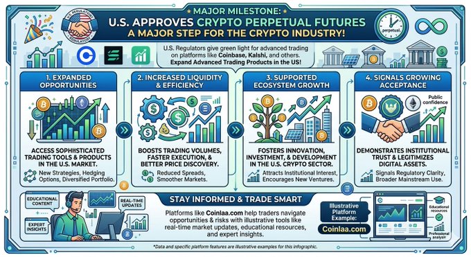 The image features a colorful infographic that explains what happens when regulatory approval is given for major milestones in the crypto industry. The graphic highlights that the U.S. regulators have approved a major milestone called "U.S. Approves Cryptocurrency Perpetual Futures," allowing platforms like Coinbase and Kalshi to expand advanced trading products across the United States. This development could increase market participation, liquidity, and overall innovation in the crypto industry as a whole. The infographic also mentions that there are two main steps towards this approval process: major milestones or significant events in the regulatory landscape must be reached before further progress can continue, and when these milestones occur, cryptocurrency exchanges like Kalshi may become more accessible to institutional investors due to improved trading capabilities.