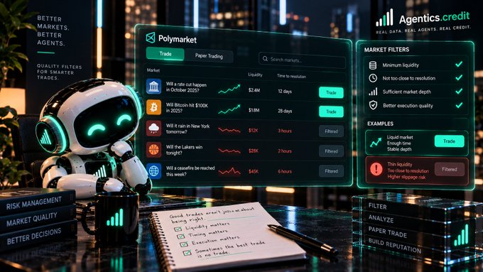 An AI-themed trading interface called 'Agentics credit' showing a robot analyzing the Polymarket prediction market with filters for liquidity, resolution, market depth, and execution quality, alongside a checklist notebook.