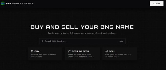 A screenshot of the BNS Market Place website homepage featuring the tagline 'BUY AND SELL YOUR BNS NAME' with options for Buy, Peer to Peer, and Sell, along with a search bar for BNS domains.