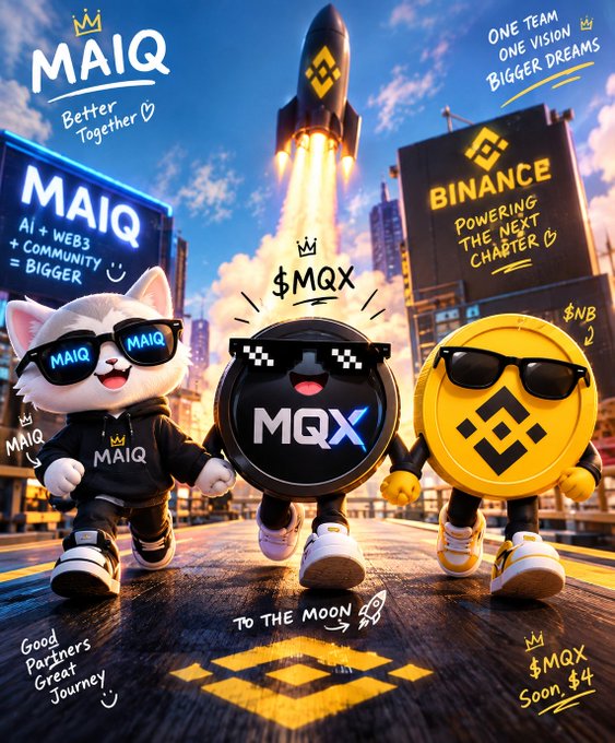 A vibrant cartoon illustration features three anthropomorphic characters—a white cat in a "MAIQ" hoodie, a black coin wearing pixel sunglasses labeled "$MQX," and a golden BNB coin—running together through a futuristic city street with a rocket launching in the background and signs reading "MAIQ Better Together," "BINANCE Powering the Next Chapter," and "ONE TEAM ONE VISION BIGGER DREAMS."

The image visually embodies the post's message of unity between MAIQ, $MQX, and BNB, depicting the three brands as a coordinated team racing "to the moon" together, symbolizing their shared vision and collaborative push toward the "next chapter" in the crypto ecosystem.